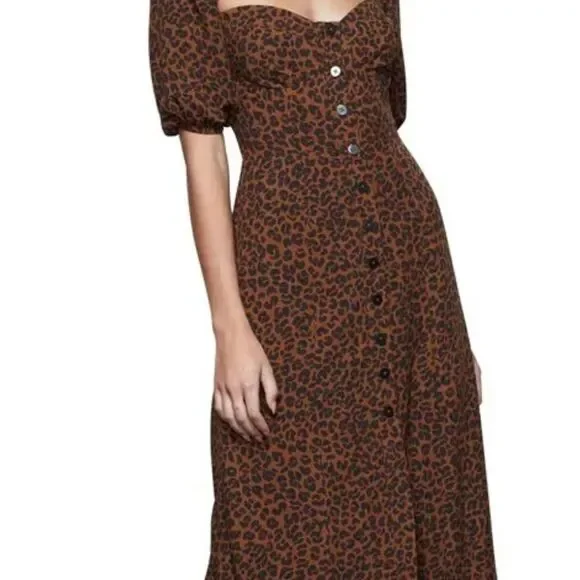 Good American Corset Leopard Print Puff Sleeve Maxi Dress Sml XL  Mocha Mousse - Picture 8 of 15